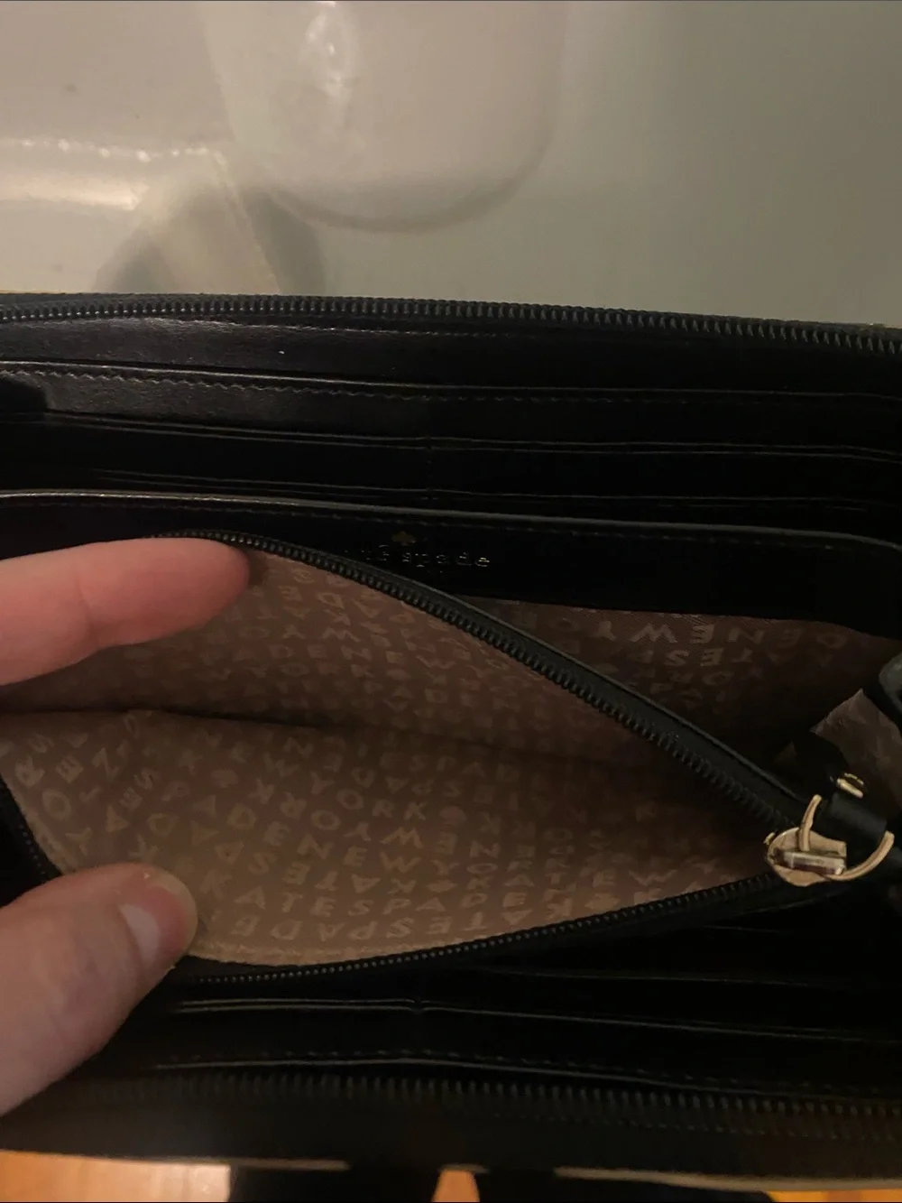 kate spade Black Zip Wallet with Cream and Pink Bokeh Dots
